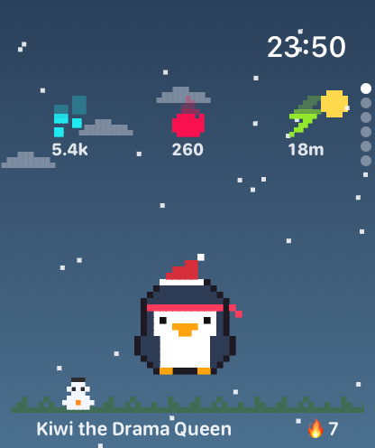 A penguin in a santa hat in the falling snow