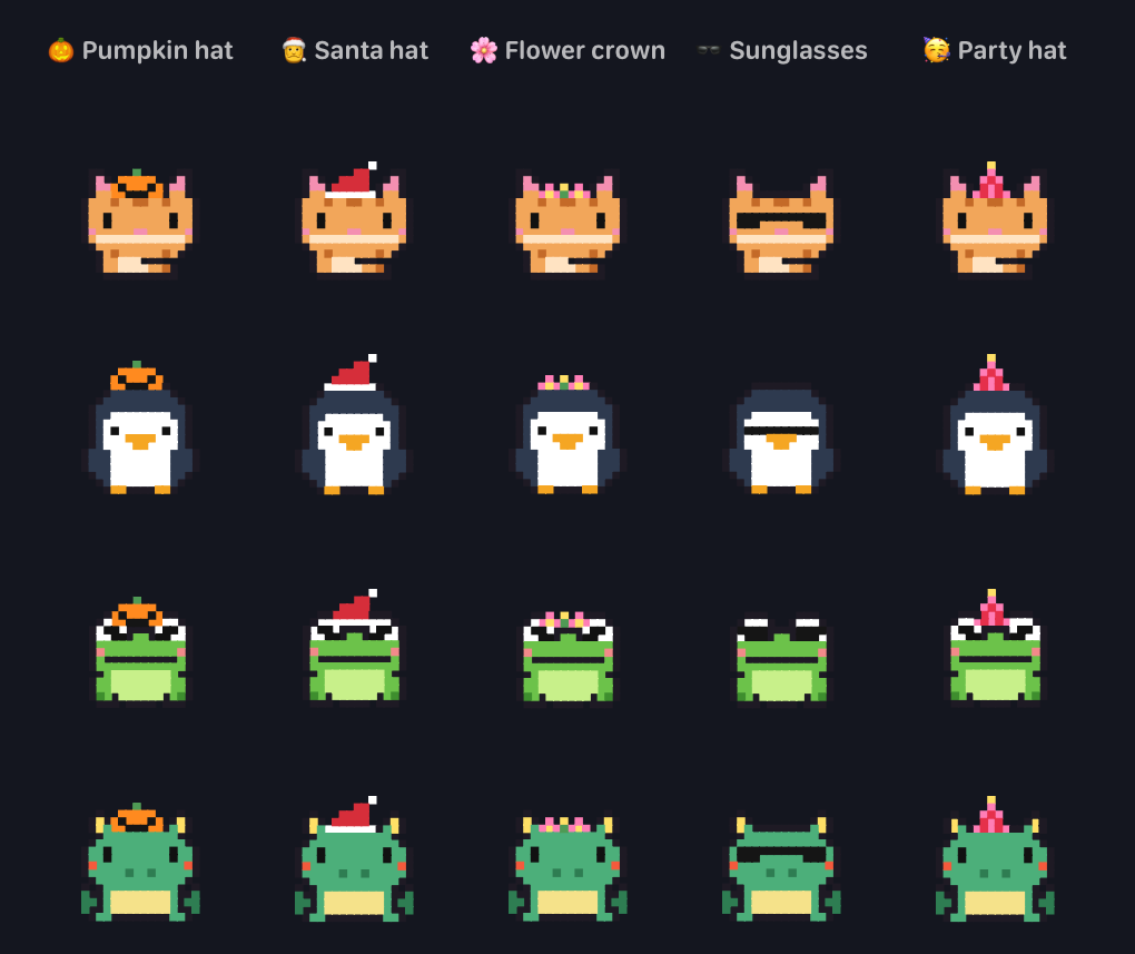 Pumpkin hat, santa hat, flower crown, sunglasses and party hat on four pets