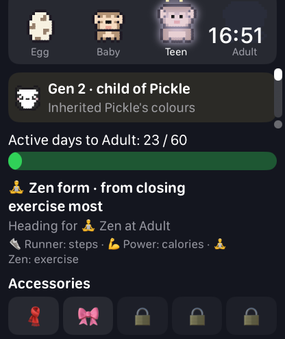 Pet card: Gen 2, child of Pickle, inherited Pickle’s colours