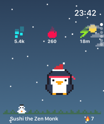 A penguin in a santa hat in the snow